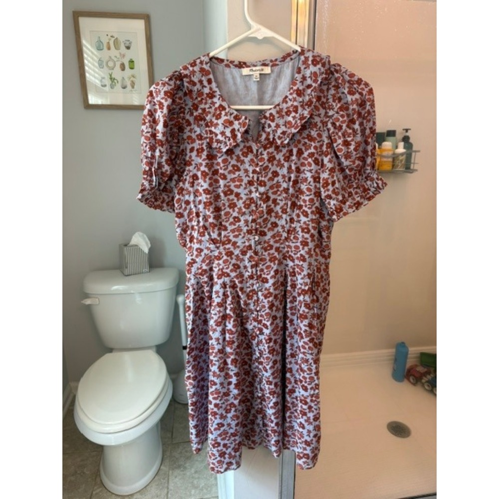 Madewell Floral Mini Dress Size 00 Blue Rust Peter Pan Collar Puff Sleeve